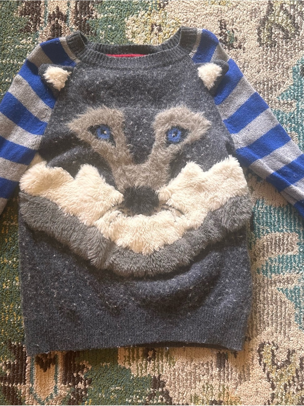 Mini Boden Gray Fox Face Sweater with Blue Striped Sleeves